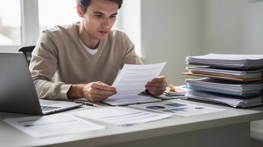 A person seated at a desk, carefully reviewing documents and paperwork related to their immigration status and asylum claim and accommodation.
