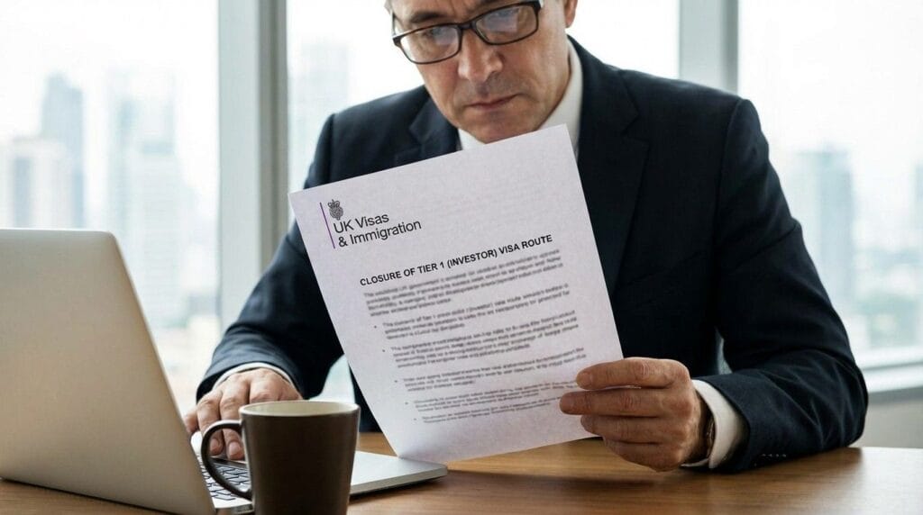 (Businessperson reading official UK government letter about Tier 1 investor visa closure on a desk and reviewing the transitional deadlines.) investor visa UK