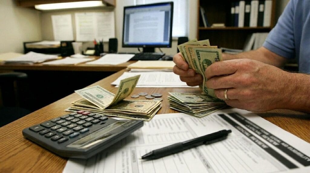 Hands counting money with bills and a calculator, representing financial assessment for legal aid eligibility in judicial review cases.