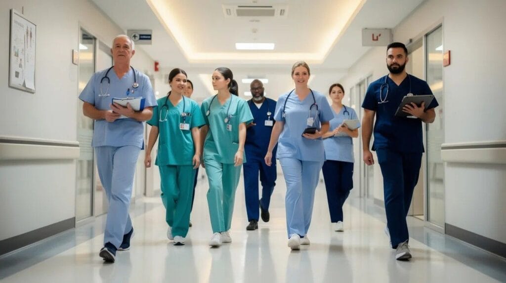 Healthcare workers in scrubs walking through a hospital corridor, highlighting the vital role of EU and non-EU citizens in the UK's healthcare system amidst the changes brought by the post-Brexit immigration system.