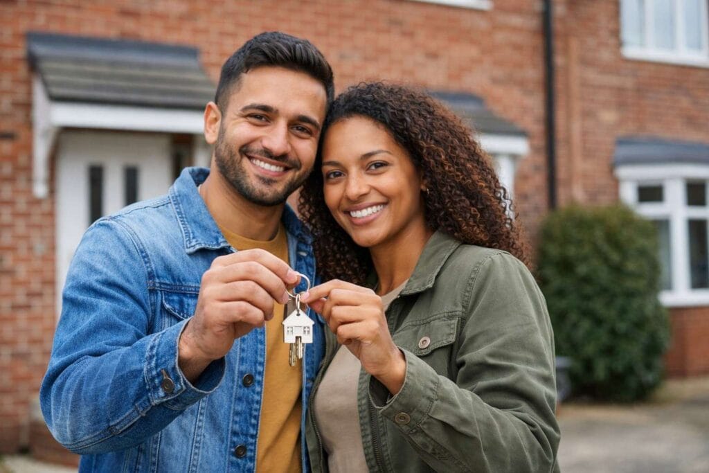 Newly arrived immigrant couple standing outside their first home in the UK, holding keys and smiling, symbolising home ownership opportunities.
