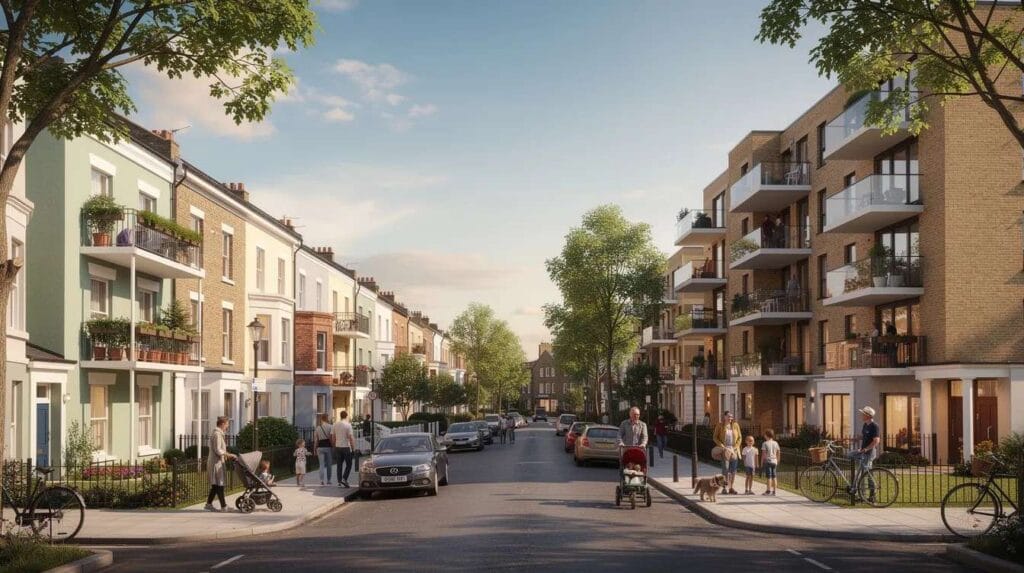 (Diverse residential neighborhood featuring terraced houses and apartment buildings, illustrating a community where immigrants find housing assistance and support services.) housing for immigrants in uk