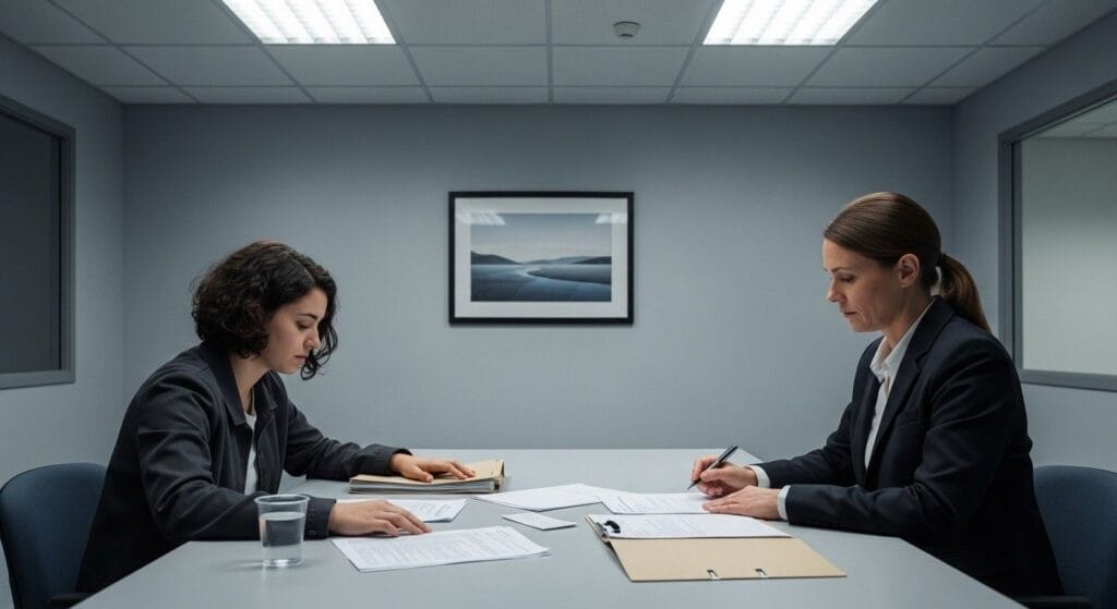 ( A young adult sitting across from an immigration officer in an office, reviewing documents during a screening interview as part of the UK asylum process.)UK asylum process