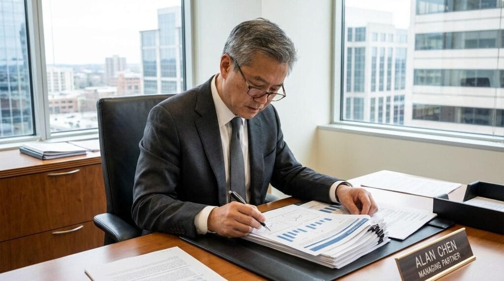 High net worth investor reviewing UK financial documents in a professional office representing investor visa UK opportunities.