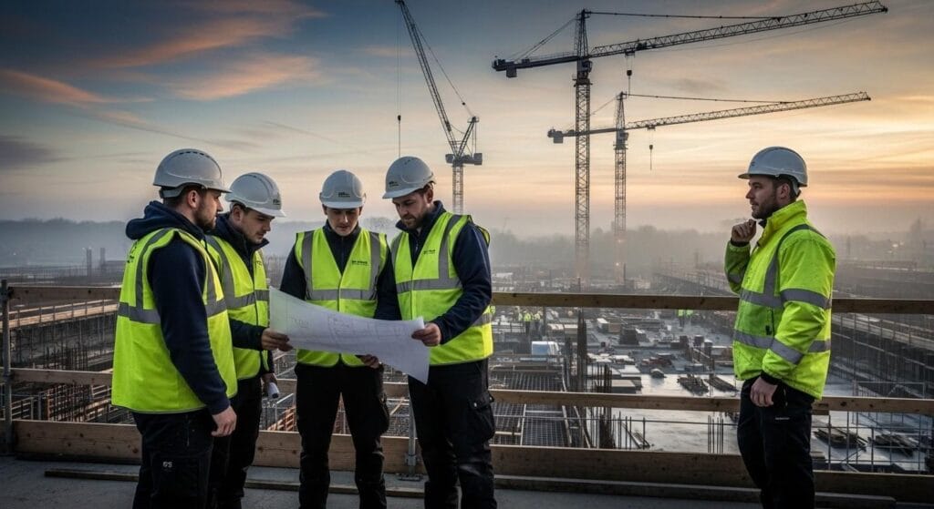 (A group of workers wearing safety gear on a UK construction site with cranes in the background, illustrating labour shortages in industries that previously relied on EU migrant workers.)Brexit immigration impact