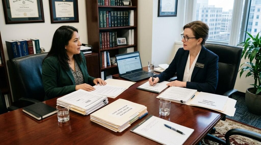 Investor meeting immigration lawyer in UK office discussing business visa strategy and residency planning.