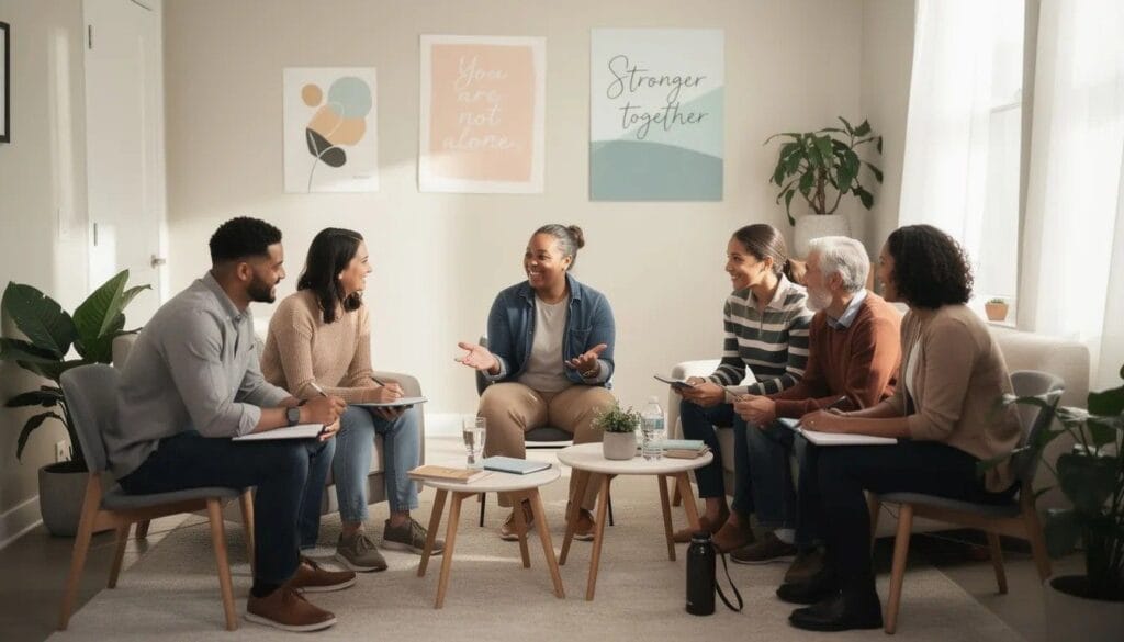 Supportive community group meeting in a bright room, where individuals are engaging in discussion and sharing experiences after navigating the UK asylum process. 