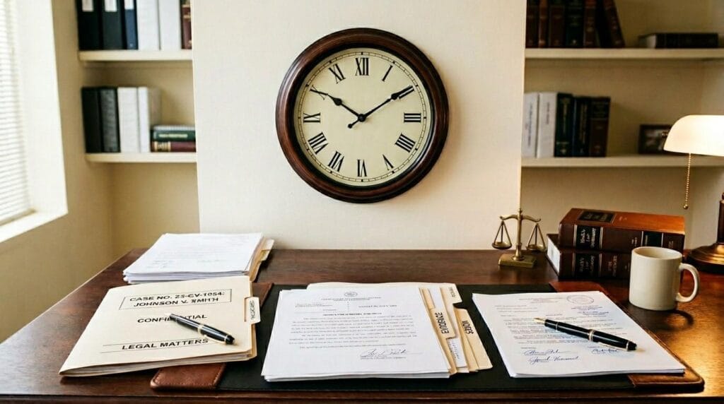 Wall clock and legal documents on a desk, illustrating strict deadlines and urgent action in judicial review and injunction cases.