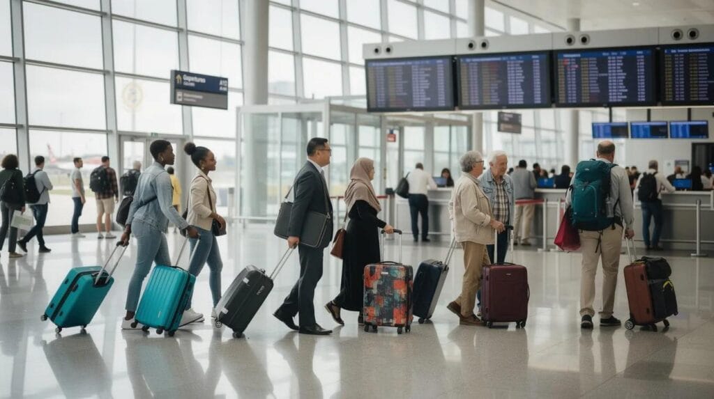 Diverse travelers at an airport terminal, capturing the excitement of travel, which can be affected by mistakes in a UK visa application.