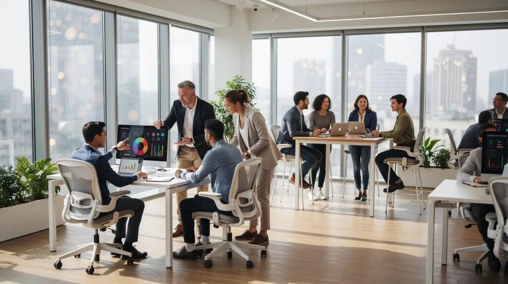 A modern office environment where diverse professionals are collaborating at workstations, showing the importance of various UK visa options for skilled workers.