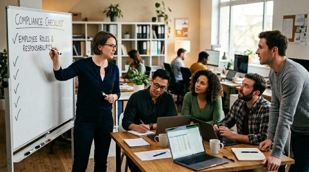 Office team discussing employee roles and compliance checklist to ensure genuine vacancy under SOC occupation codes policy.