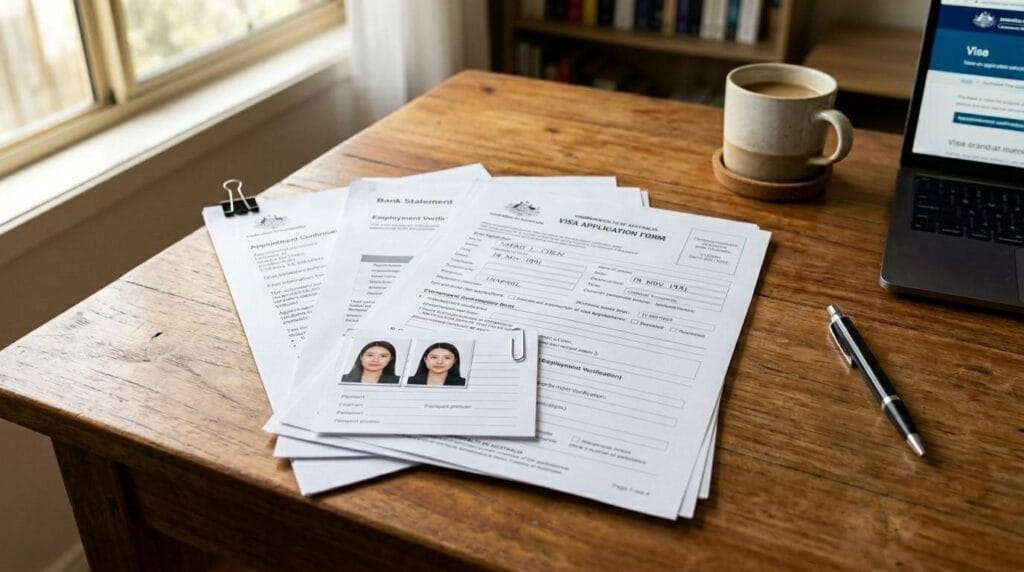 (A stack of documents with a pen neatly arranged on a wooden desk, symbolising the preparation for the tier 4 student visa for international students studying in the UK.) tier 4 visa