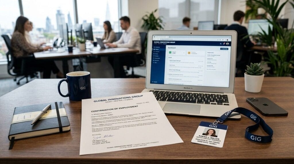  A professional office desk showing an employment letter on company letterhead, a laptop, and a staff ID card, symbolising proof of employment for UK visa application.