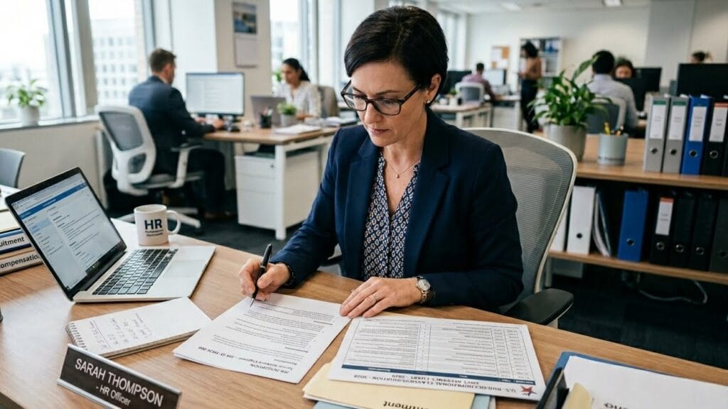 HR professional reviewing job description and SOC 2020 occupation codes chart at a UK office desk.
