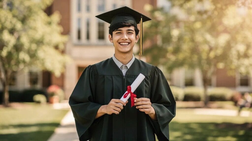 A cheerful graduate wearing a cap and gown holds their diploma proudly, symbolising their achievement in higher education and options for post study visas.