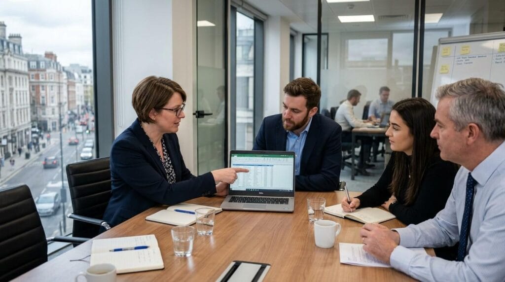 A UK office meeting scene where an HR manager points at a laptop showing a spreadsheet of salaries.