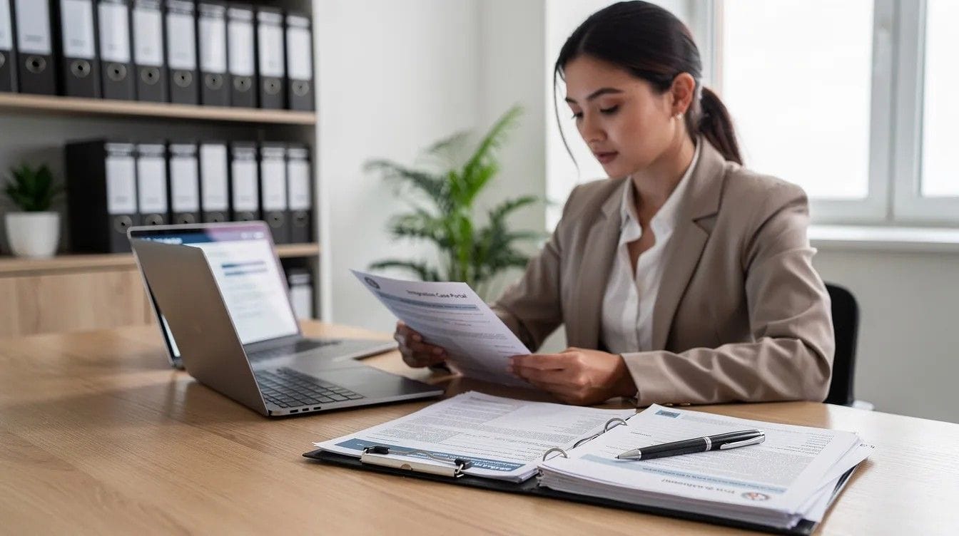 A professional is seated at a desk, reviewing various immigration documents related to UK visas, including student and skilled worker visa category UK.