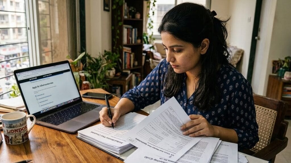 Overseas worker preparing documents at a desk with a laptop, representing the Skilled Worker visa application process in the UK.