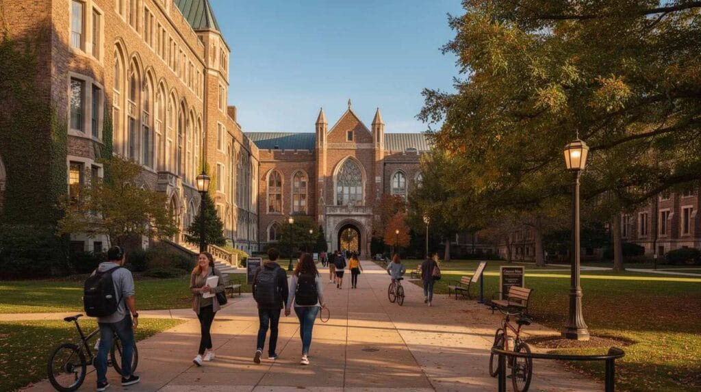 A vibrant UK university campus, reflecting the community of international students who come to the UK to study and highlighting the opportunities through student visa routes.