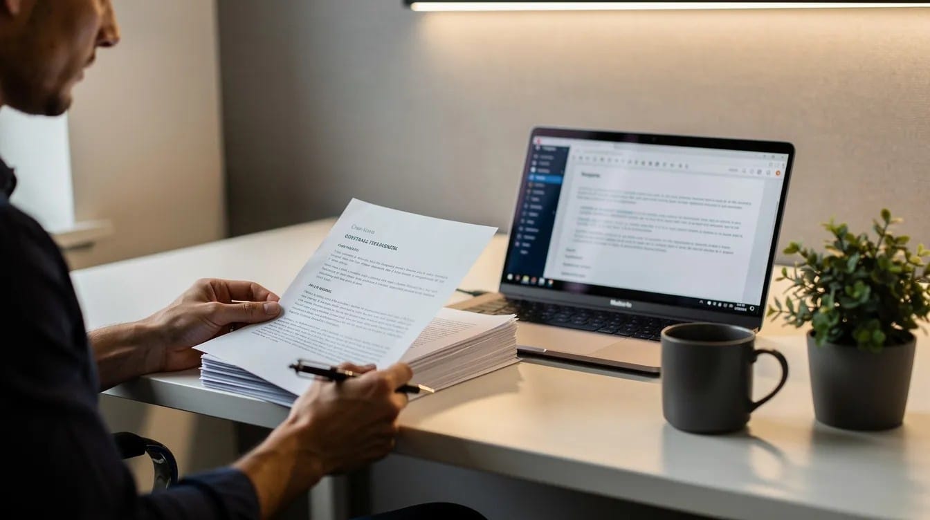 A person intently reviewing a UK visa cover letter alongside an open laptop, to ensure a successful submission of cover letter for their UK visa application.