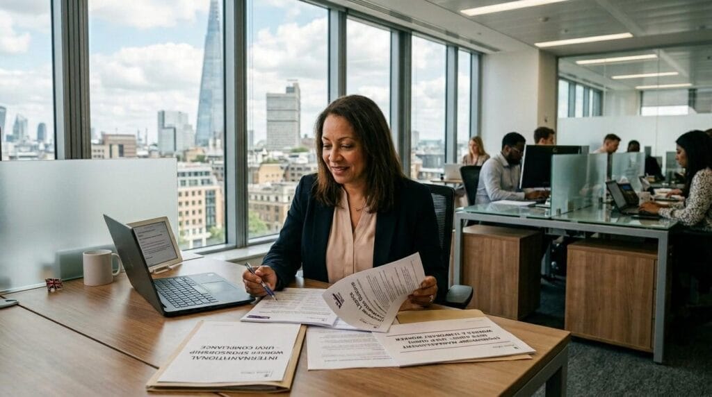 HR manager reviewing documents in a modern office, representing a UK company holding a sponsor licence to hire international workers.