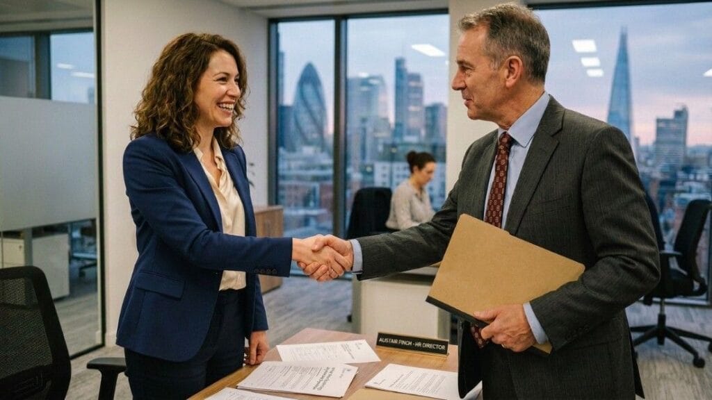 A professional shaking hands with a UK employer in an office, symbolising a job offer and work sponsorship UK.