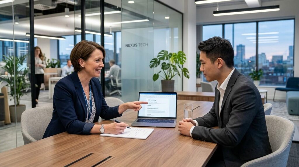 HR manager discussing skilled worker visa salary thresholds and job offer details with a candidate in a UK office.