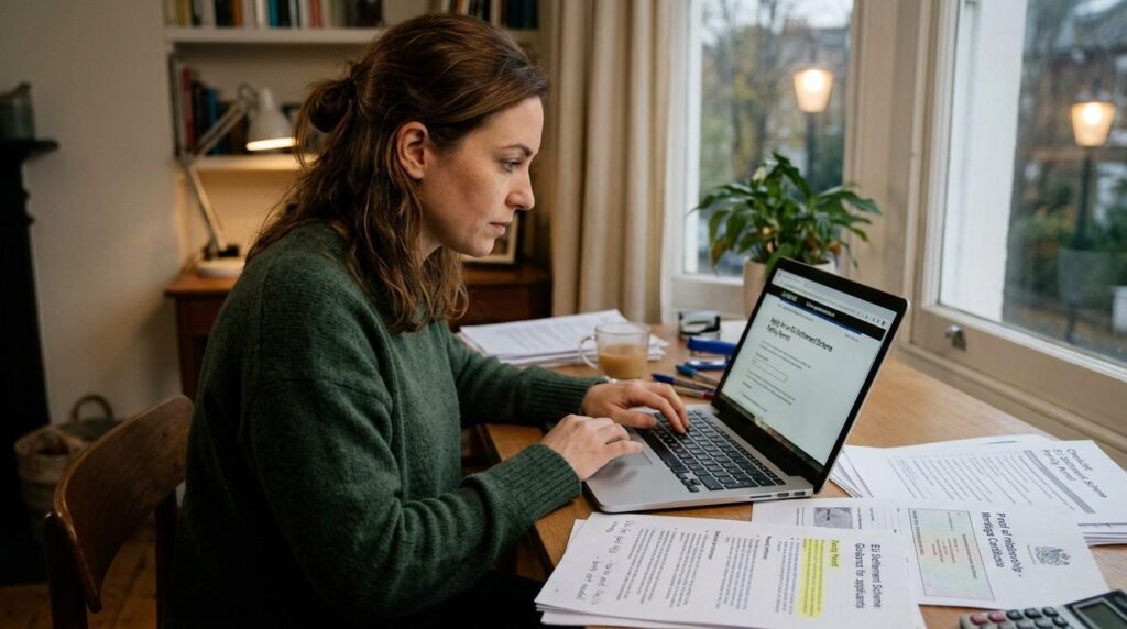 A person is seated at a desk, completing an online form on their laptop, with various documents related to the EU Settlement Scheme Family Permit scattered nearby.