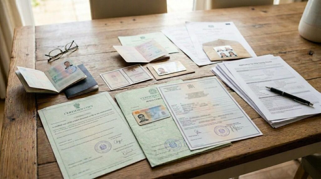 (Variety of passports and travel documents, symbolising the importance of documents for family members applying for an EEA family permit or navigating immigration processes. ) eea family permit​
