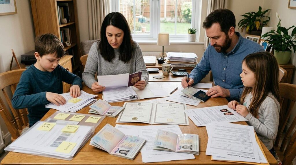 A family sitting at a table organizing passports, marriage certificates, and application documents while preparing a visa application.
