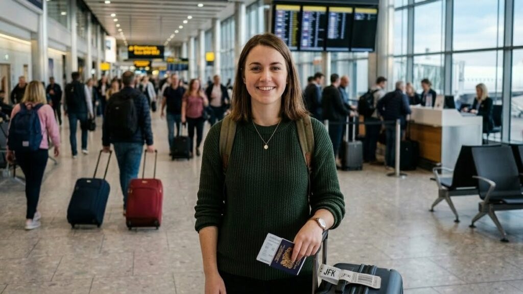  A traveler holding a boarding pass and passport at an airport terminal, with blurred background showing departure gates and passengers walking.