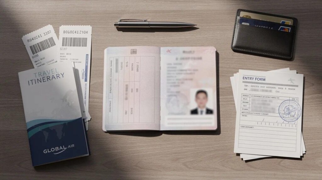 Neatly arranged desk featuring a valid passport and various immigration documents for applying for a UK graduate visa or post-study work opportunities for international students.