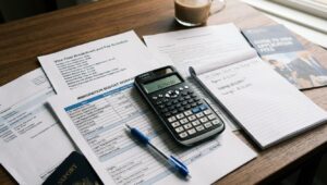 Calculator alongside various financial documents related to skilled worker visa application showing the work visa UK cost planning.