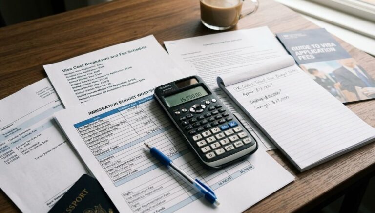 Calculator alongside various financial documents related to skilled worker visa application showing the work visa UK cost planning.