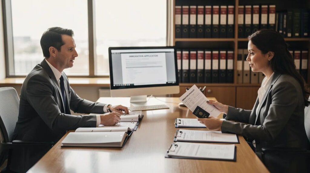  Immigration lawyer is seated at a desk in an office, reviewing important documents with a client, and discussing various visa categories under the new UK immigration rules. 