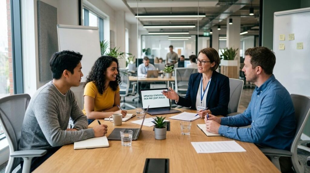(HR manager discussing updated statutory sick pay rules with employees during a workplace meeting in a modern office environment. )statutory sick pay