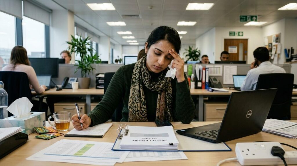 Employee sitting at a desk in a UK workplace looking unwell while reviewing work documents and preparing to report a sickness absence to their employer.
