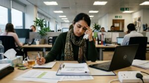 Employee sitting at a desk in a UK workplace looking unwell while reviewing work documents and preparing to report a sickness absence to their employer.