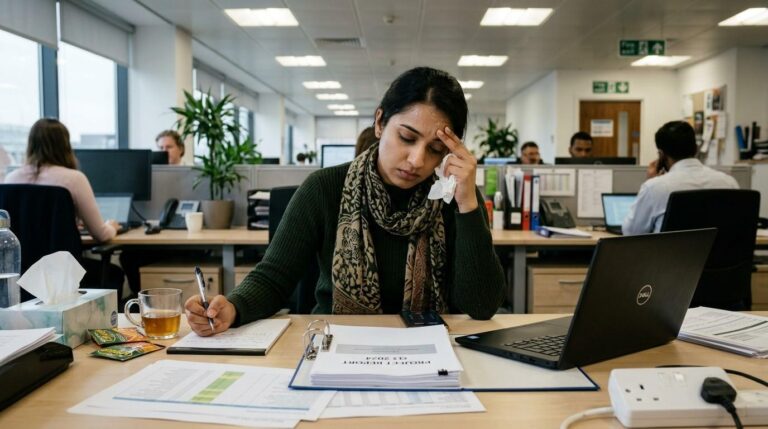 Employee sitting at a desk in a UK workplace looking unwell while reviewing work documents and preparing to report a sickness absence to their employer.