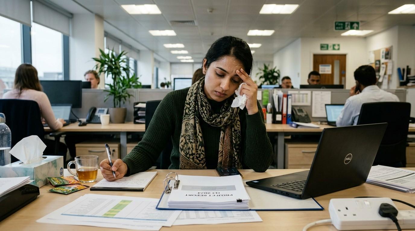 Employee sitting at a desk in a UK workplace looking unwell while reviewing work documents and preparing to report a sickness absence to their employer.
