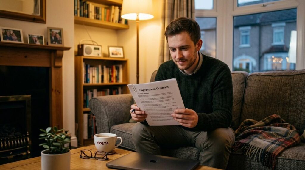 New employee reading a UK employment contract with happy expressions in his living room before accepting a job offer.
