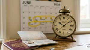 A close-up of a passport placed beside a table clock with a calendar on the wall in background with several dates highlighted showing the importance of UK visa processing time.