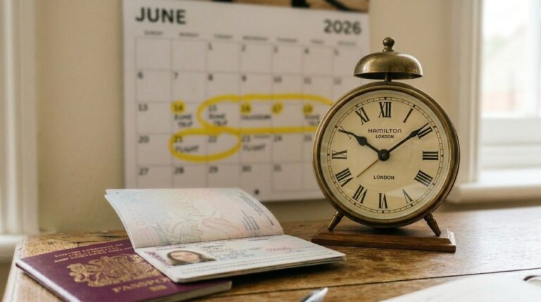 A close-up of a passport placed beside a table clock with a calendar on the wall in background with several dates highlighted showing the importance of UK visa processing time.