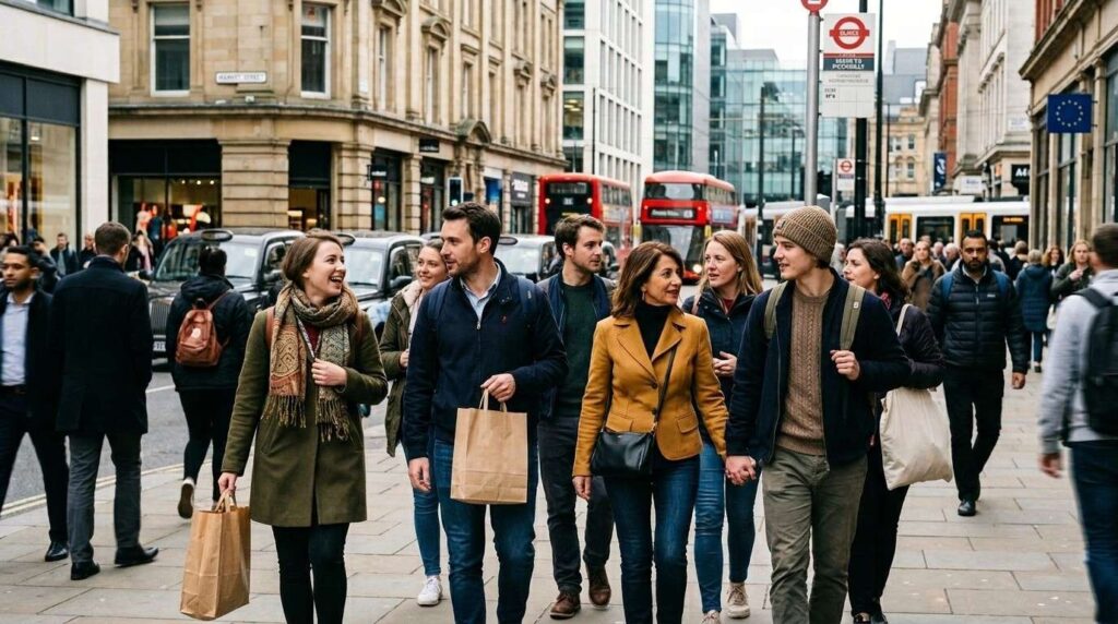 Diverse group of EU, EEA and Swiss nationals walking through a busy UK city centre representing individuals eligible for settled status.