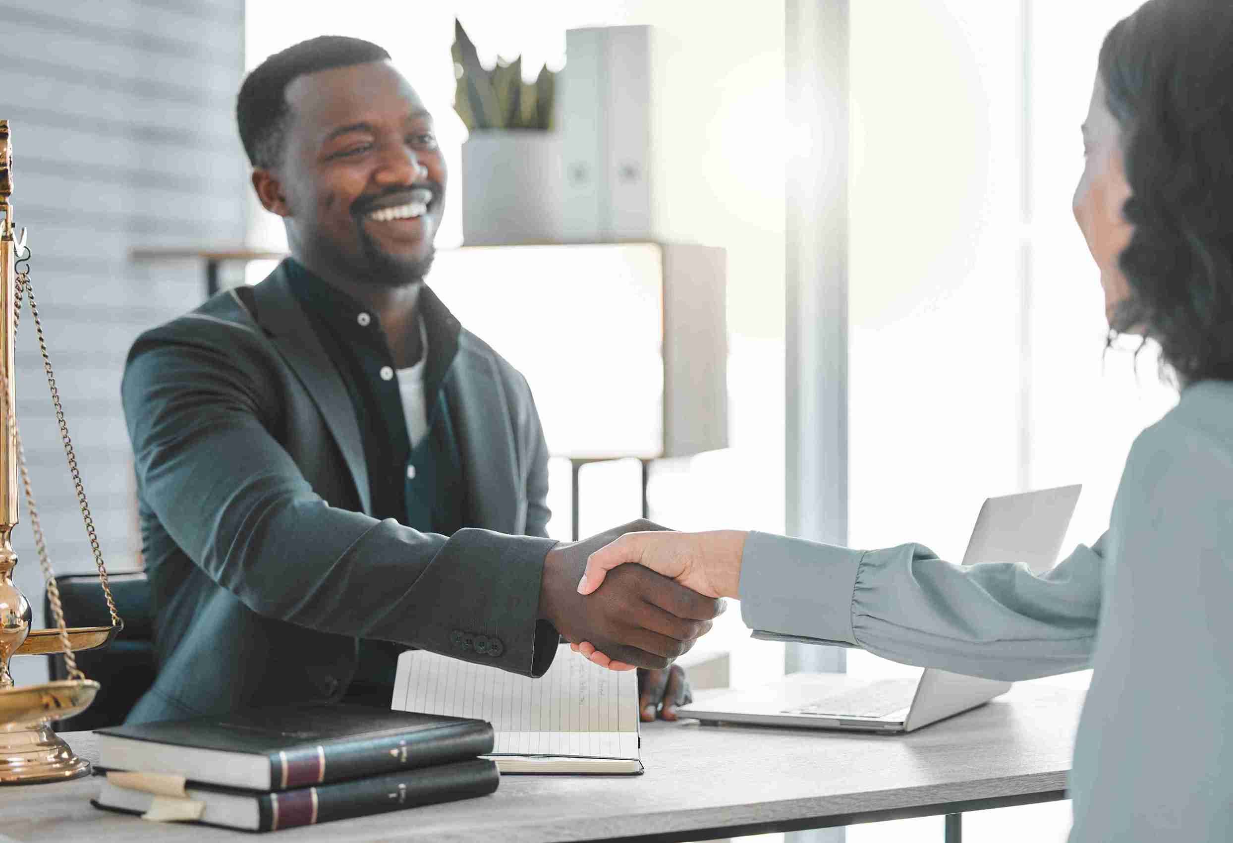 Business people handshake and lawyers for introduction.