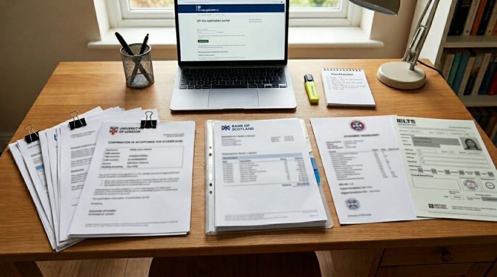 Organised student visa application documents including passport, CAS letter, bank statements, academic transcripts, and English language test certificate on a desk. 