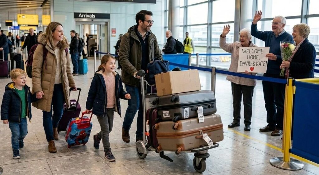 Family arriving at a UK airport with luggage, including parents and children, preparing to reunite with relatives living in the United Kingdom.