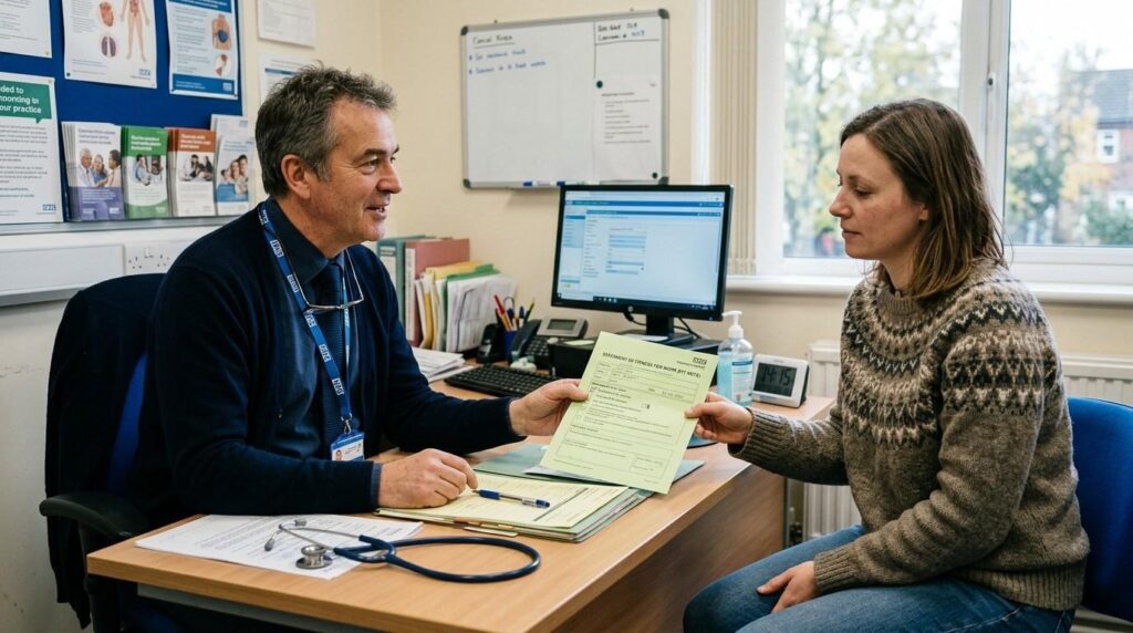  (GP consulting with a patient in a medical practice and providing a fit note following a period of illness and sickness absence from work. )statutory sick pay