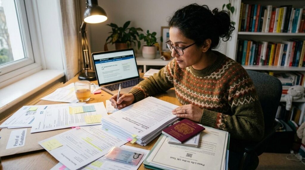  A person is sitting at a desk, meticulously reviewing a stack of official documents alongside a passport, likely in preparation for an ILR application.