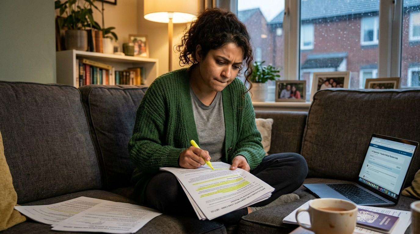 A person is sitting at a sofa looking concerned, surrounded by the legal documents, highlighting and searching for possible ILR refusal reasons.